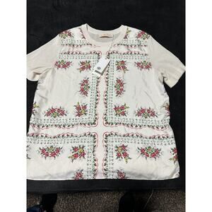 Tory Burch Garden Veil Short Sleeve Silk Panel Sweater SzL-NWT-Viscose